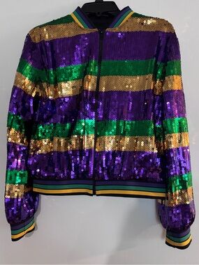 Mardi Gras Sequin Stripe Bomber Jacket - Purple, Green & Gold